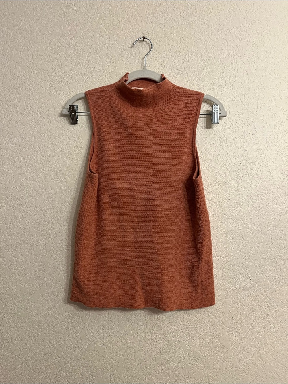 Soft cozy elevated casual Sleeveless Mock Neck knit top in Rust
